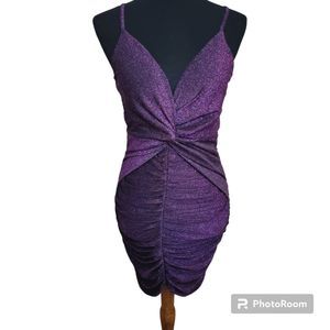 Vintage Y2K jewel tone purple sparkle glitter Ruched plunging neckline Dress